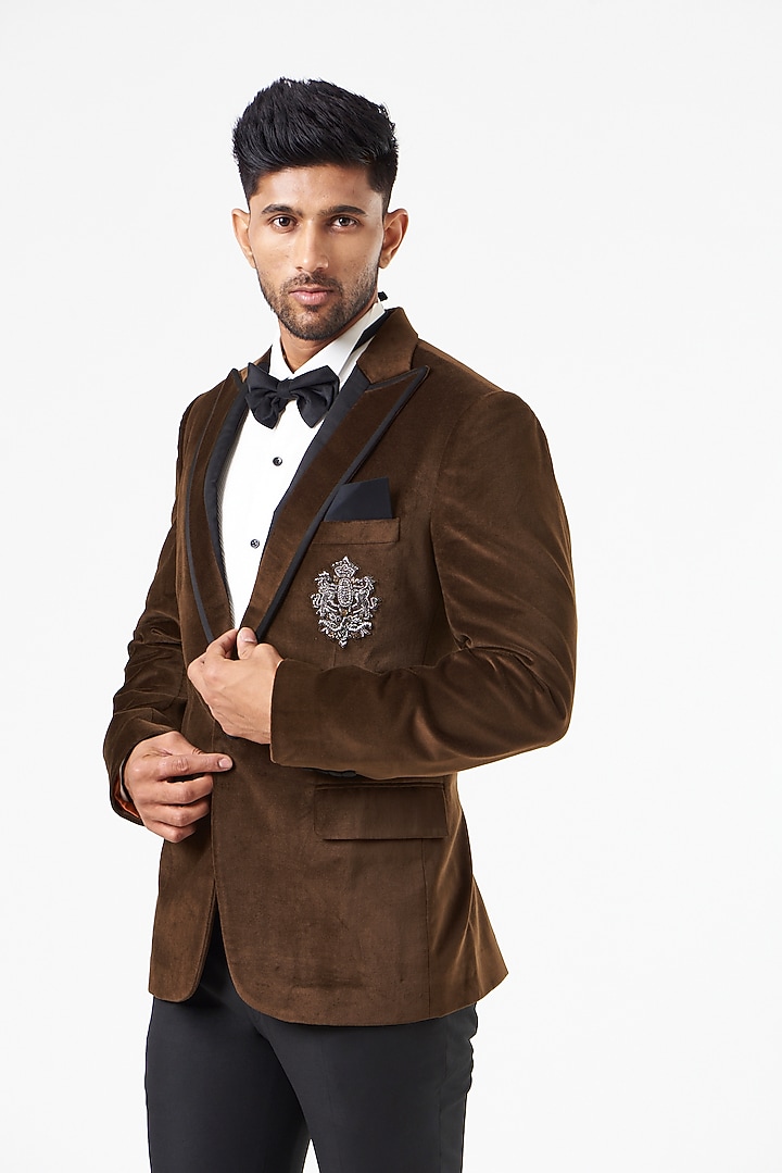 Brown Cotton Velvet Tuxedo Set by SEVENDC MEN at Pernia's Pop Up Shop