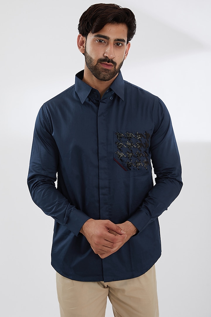 Blue Cotton Satin Embroidered Shirt by SEVENDC MEN