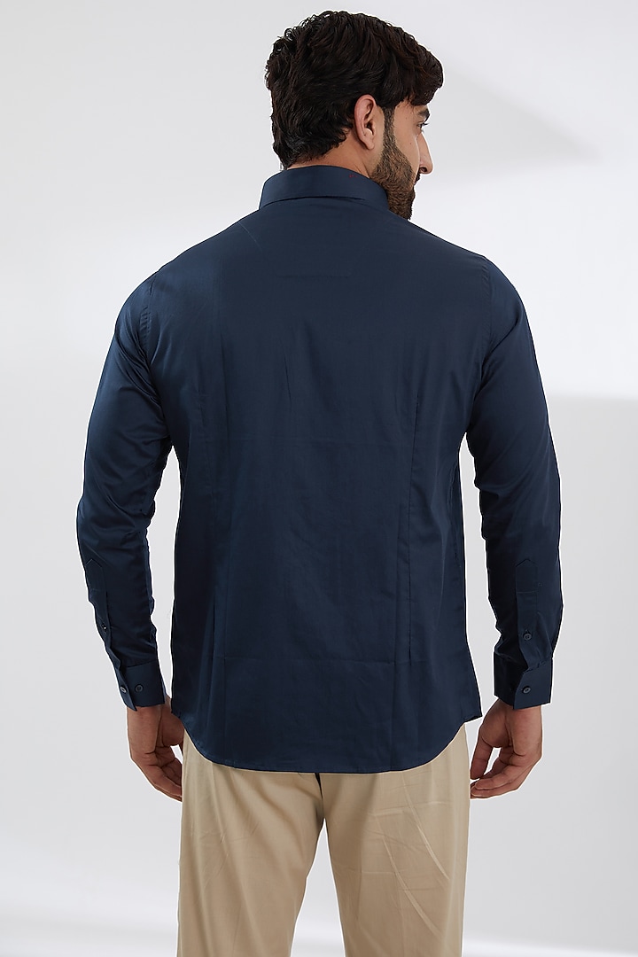 Blue Cotton Satin Embroidered Party Wear Shirt by SEVENDC MEN at Pernia's Pop Up Shop