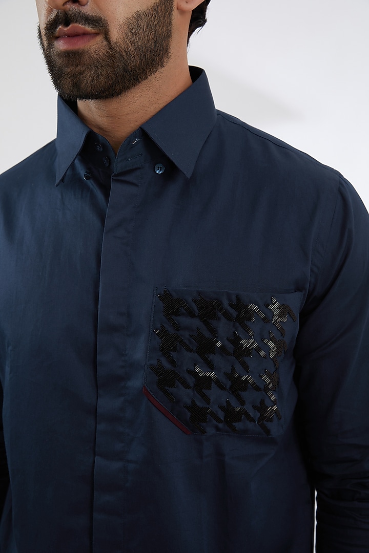 Blue Cotton Satin Embroidered Party Wear Shirt by SEVENDC MEN at Pernia's Pop Up Shop