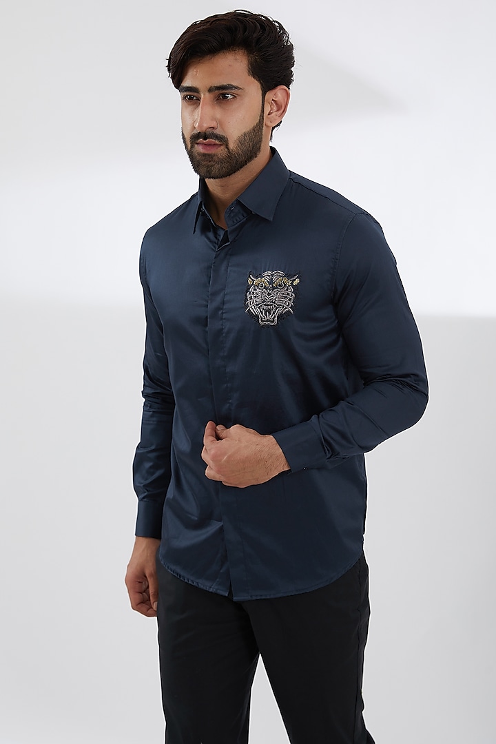 Blue Cotton Satin Embroidered Shirt by SEVENDC MEN