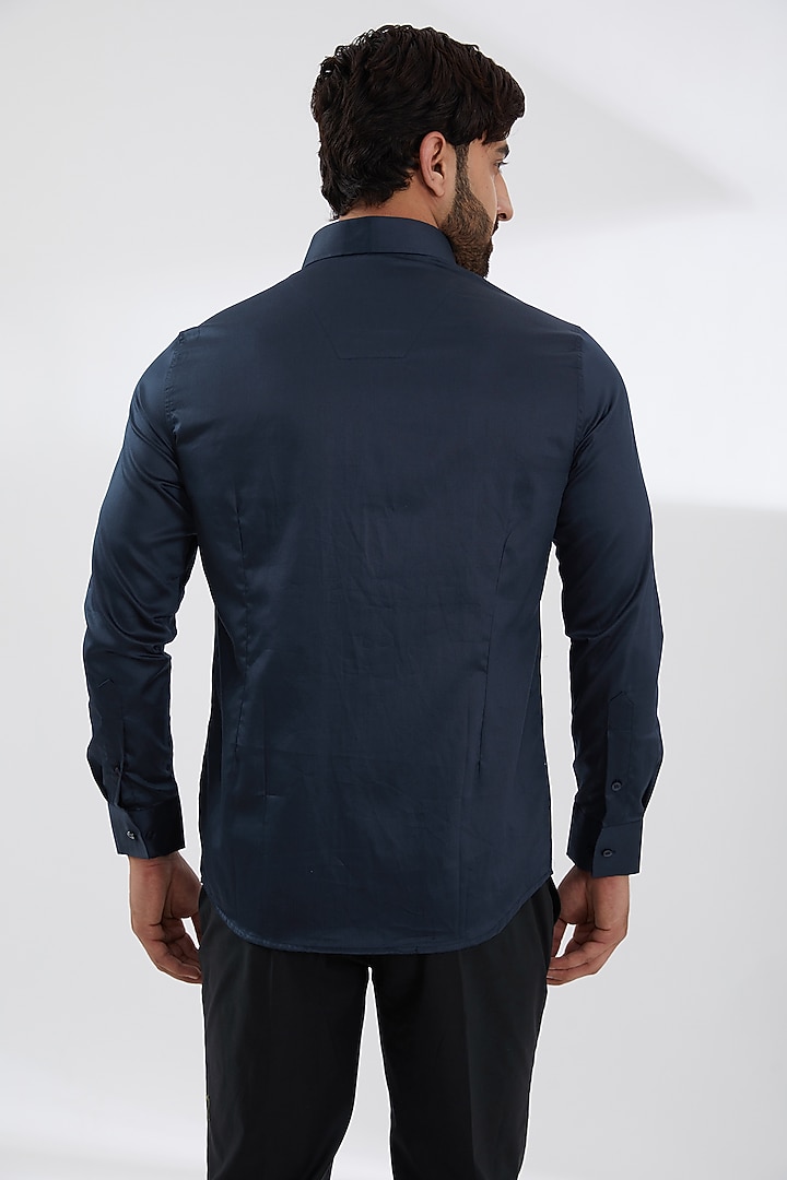 Blue Cotton Satin Embroidered Party Wear Shirt by SEVENDC MEN at Pernia's Pop Up Shop