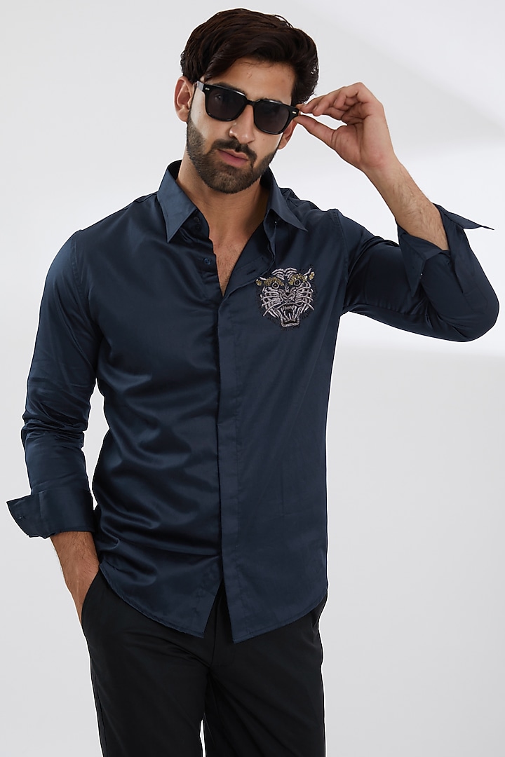 Blue Cotton Satin Embroidered Party Wear Shirt by SEVENDC MEN at Pernia's Pop Up Shop
