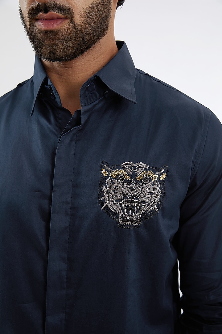 Blue Cotton Satin Embroidered Party Wear Shirt by SEVENDC MEN at Pernia's Pop Up Shop