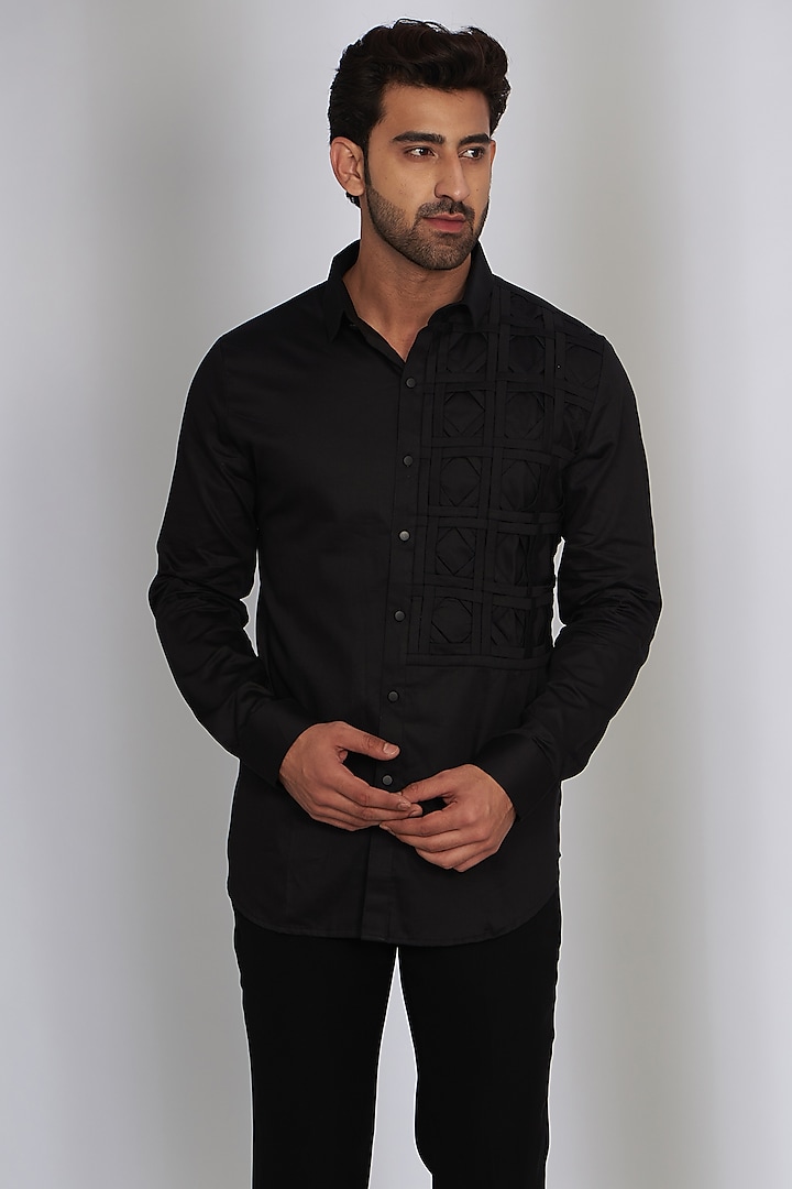 Black Cotton Satin Shirt by SEVENDC MEN at Pernia's Pop Up Shop