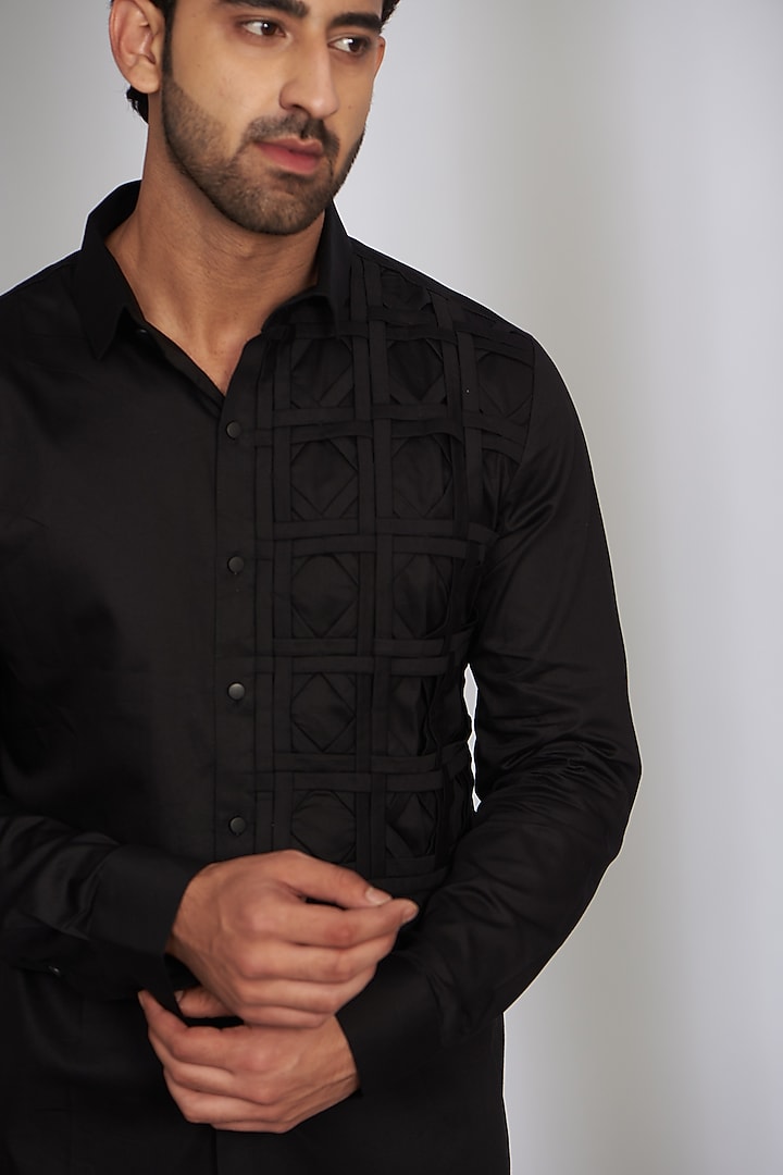 Black Cotton Satin Party Wear Shirt by SEVENDC MEN at Pernia's Pop Up Shop