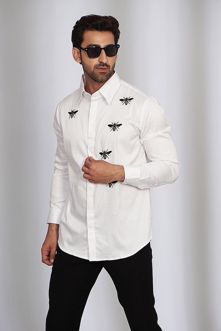 White Cotton Satin Embroidered Shirt by SEVENDC MEN