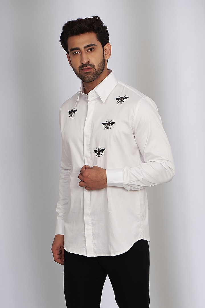 White Cotton Satin Embroidered Party Wear Shirt by SEVENDC MEN at Pernia's Pop Up Shop