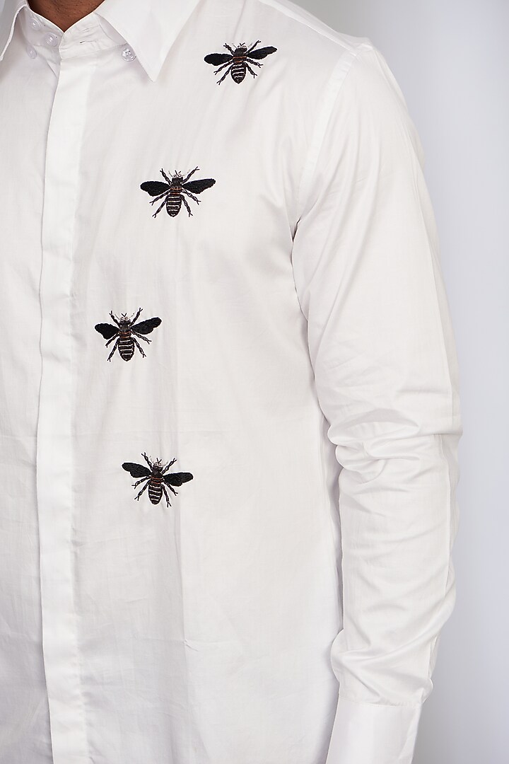 White Cotton Satin Embroidered Party Wear Shirt by SEVENDC MEN at Pernia's Pop Up Shop