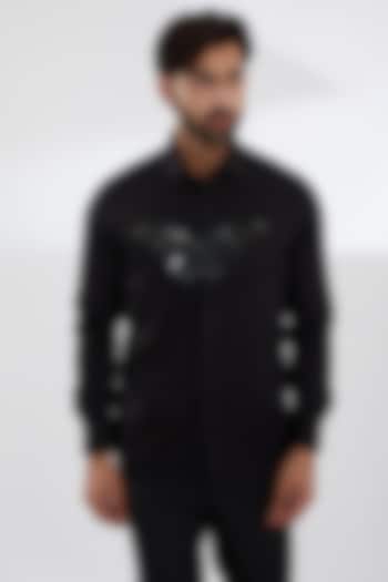 Black Cotton Satin Embroidered Party Wear Shirt by SEVENDC MEN at Pernia's Pop Up Shop