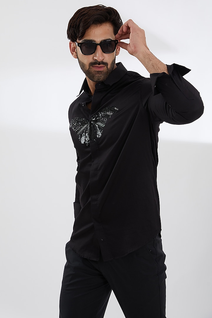 Black Cotton Satin Embroidered Party Wear Shirt by SEVENDC MEN at Pernia's Pop Up Shop