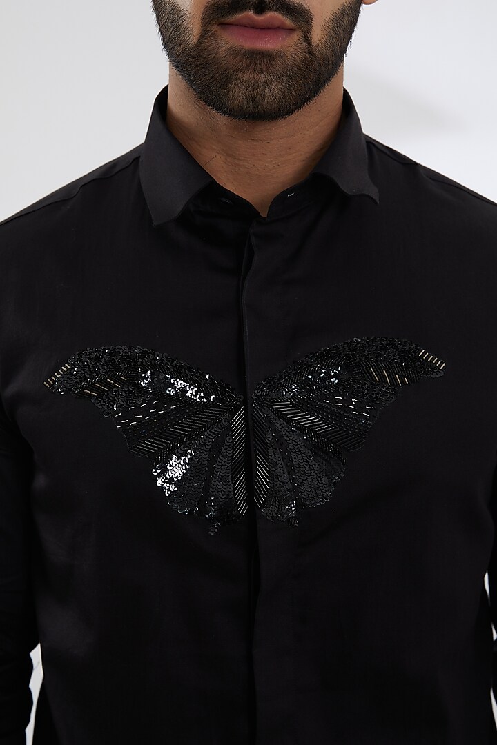 Black Cotton Satin Embroidered Party Wear Shirt by SEVENDC MEN at Pernia's Pop Up Shop