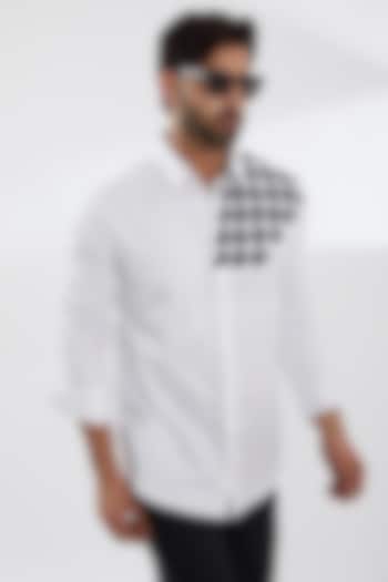 White Cotton Satin Embroidered Shirt by SEVENDC MEN