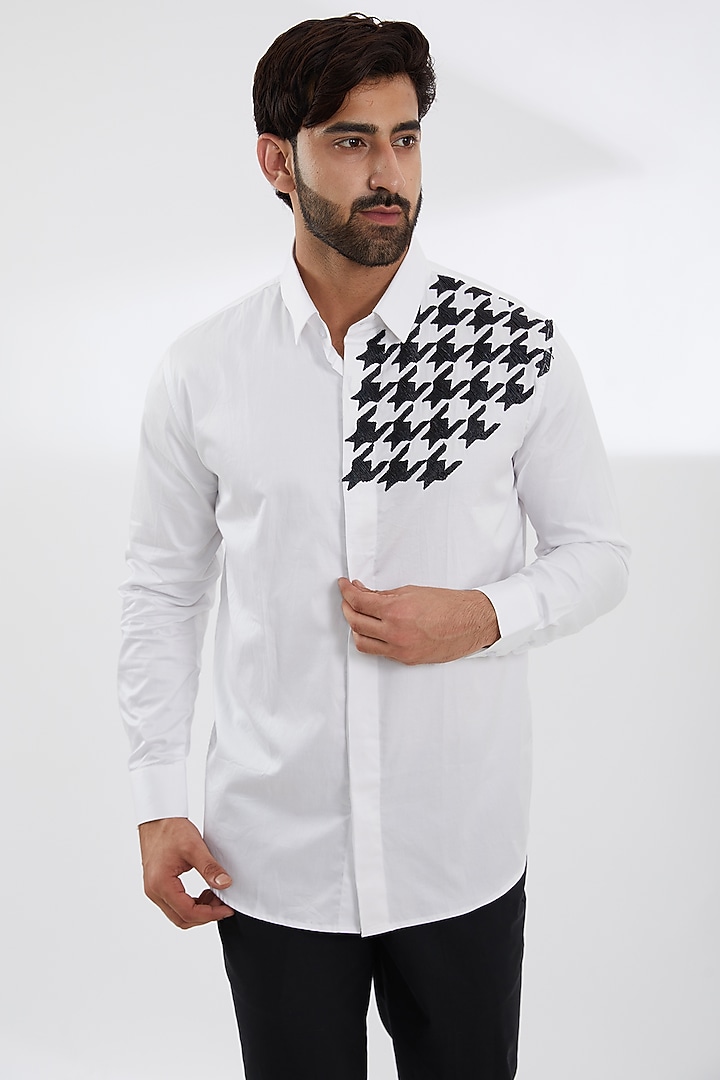 White Cotton Satin Embroidered Party Wear Shirt by SEVENDC MEN at Pernia's Pop Up Shop