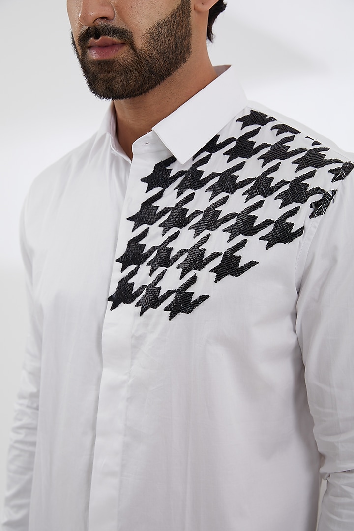 White Cotton Satin Embroidered Party Wear Shirt by SEVENDC MEN at Pernia's Pop Up Shop