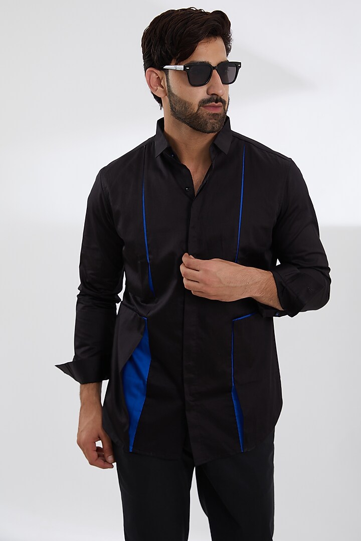 Black Cotton Satin Party Wear Shirt by SEVENDC MEN at Pernia's Pop Up Shop