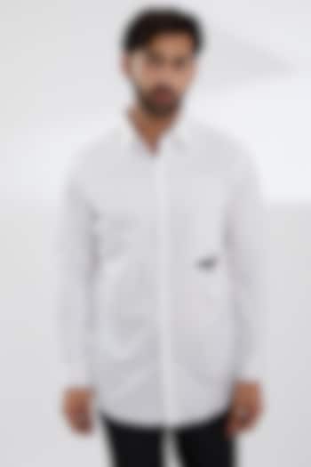White Cotton Satin Embroidered Shirt by SEVENDC MEN