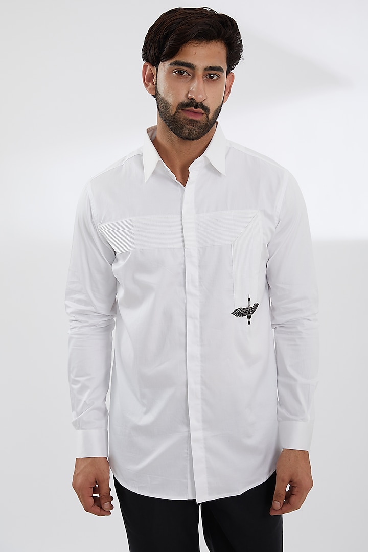 White Cotton Satin Embroidered Shirt by SEVENDC MEN