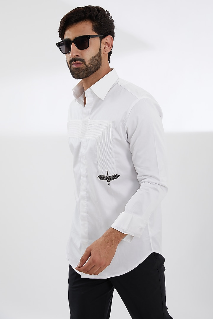 White Cotton Satin Embroidered Party Wear Shirt by SEVENDC MEN at Pernia's Pop Up Shop