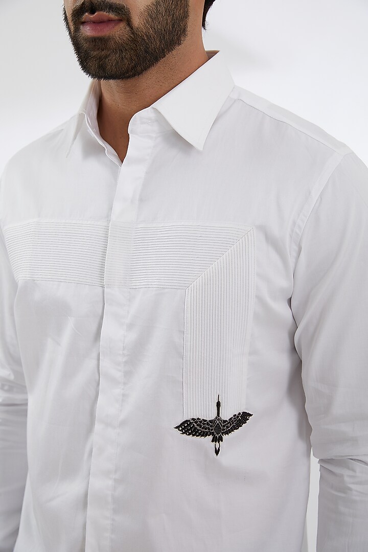 White Cotton Satin Embroidered Party Wear Shirt by SEVENDC MEN at Pernia's Pop Up Shop