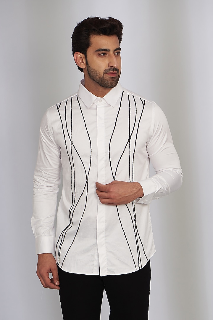 White Cotton Satin Embroidered Party Wear Shirt by SEVENDC MEN at Pernia's Pop Up Shop