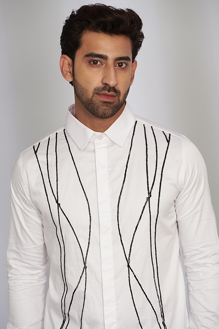 White Cotton Satin Embroidered Party Wear Shirt by SEVENDC MEN at Pernia's Pop Up Shop