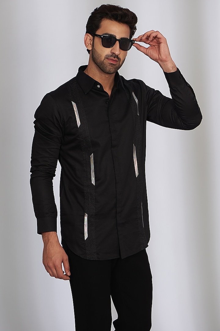 Black Cotton Satin Shirt by SEVENDC MEN