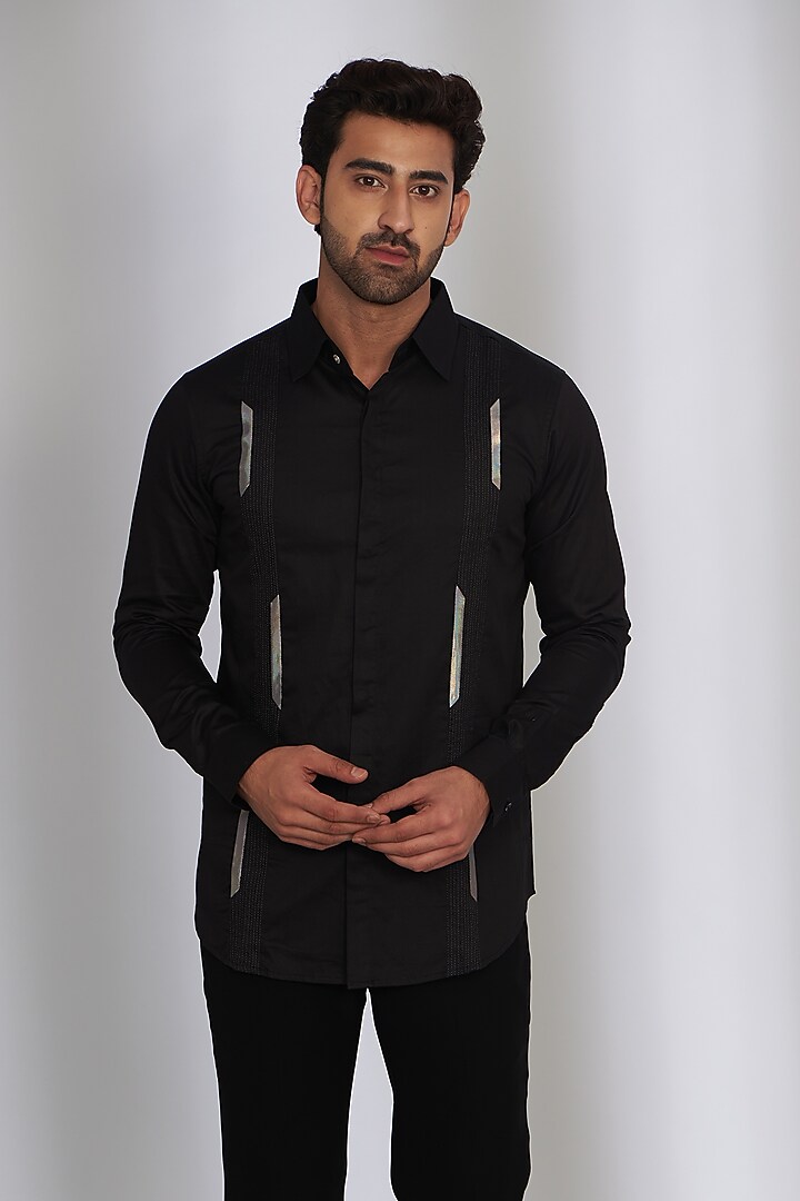 Black Cotton Satin Party Wear Shirt by SEVENDC MEN at Pernia's Pop Up Shop