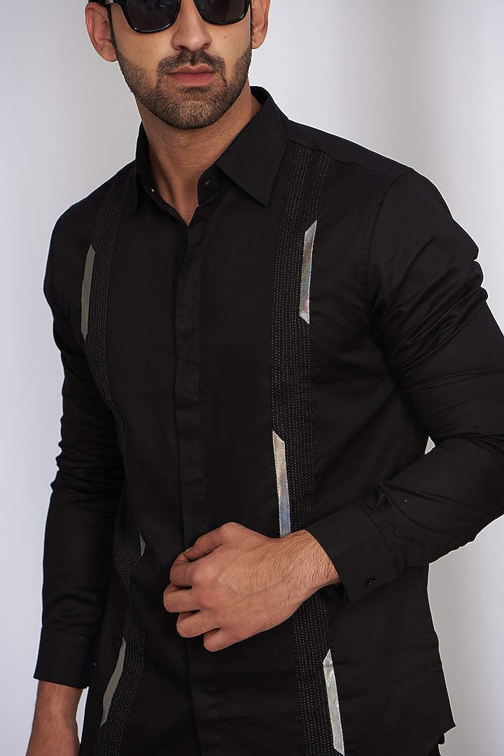 Black Cotton Satin Party Wear Shirt by SEVENDC MEN at Pernia's Pop Up Shop