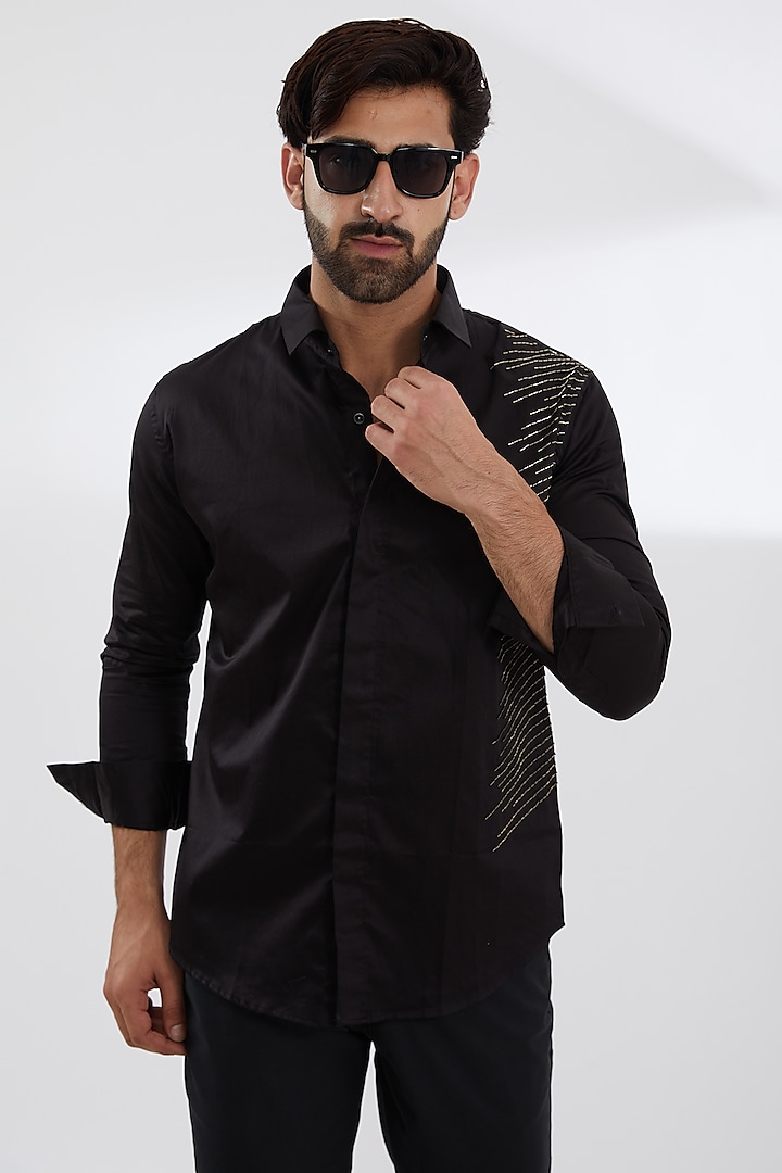 Black Cotton Satin Embroidered Shirt by SEVENDC MEN