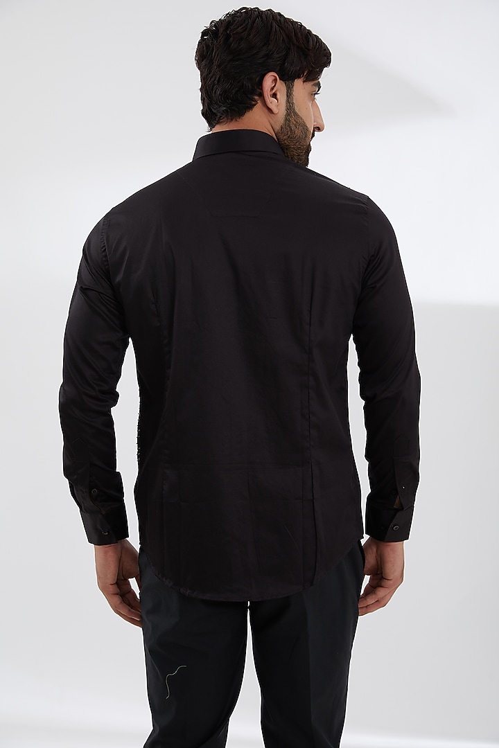 Black Cotton Satin Embroidered Party Wear Shirt by SEVENDC MEN at Pernia's Pop Up Shop