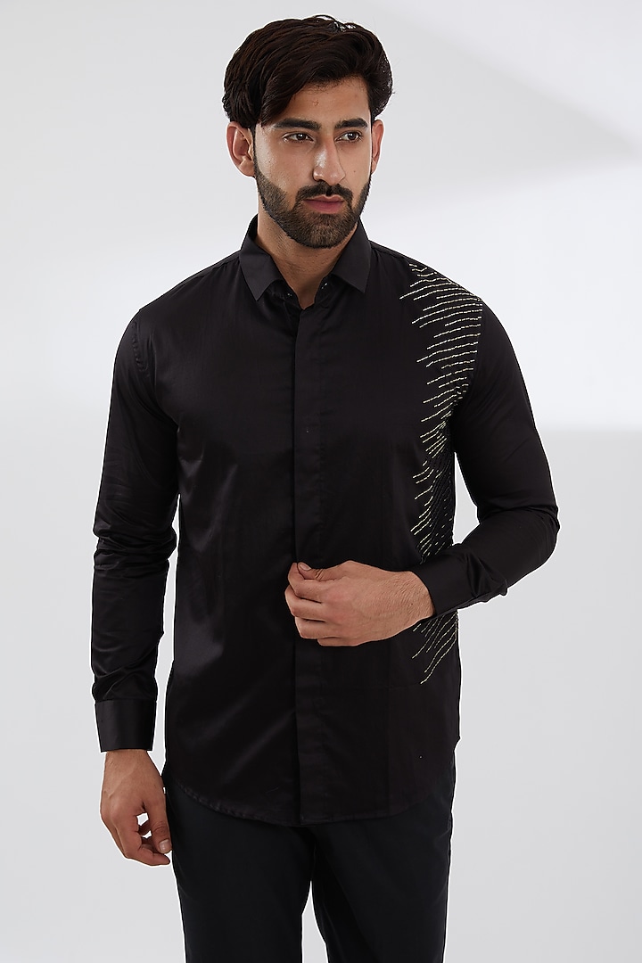 Black Cotton Satin Embroidered Party Wear Shirt by SEVENDC MEN at Pernia's Pop Up Shop