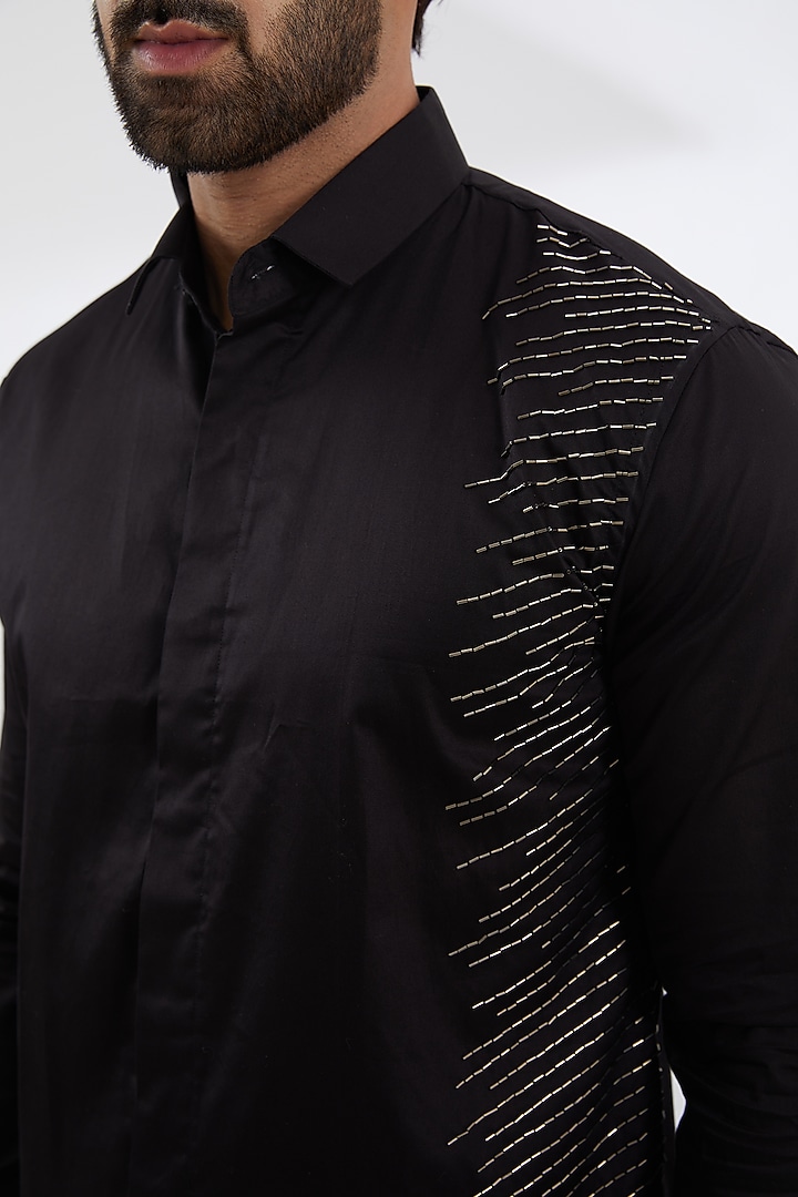 Black Cotton Satin Embroidered Party Wear Shirt by SEVENDC MEN at Pernia's Pop Up Shop