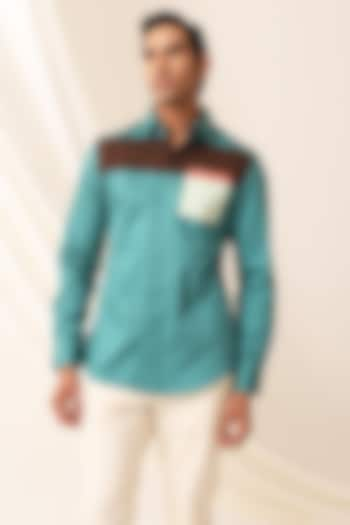 Ocean Green Cotton Color-Blocked Shirt by SEVENDC MEN