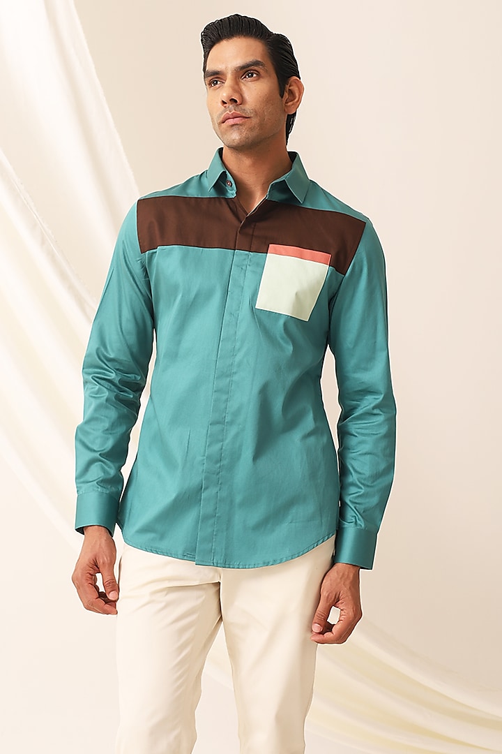 Ocean Green Cotton Color-Blocked Shirt by SEVENDC MEN