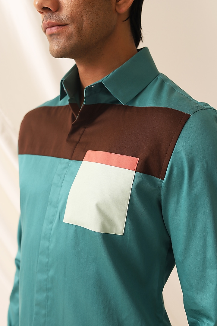Ocean Green Cotton Color-Blocked Summer Shirt by SEVENDC MEN at Pernia's Pop Up Shop
