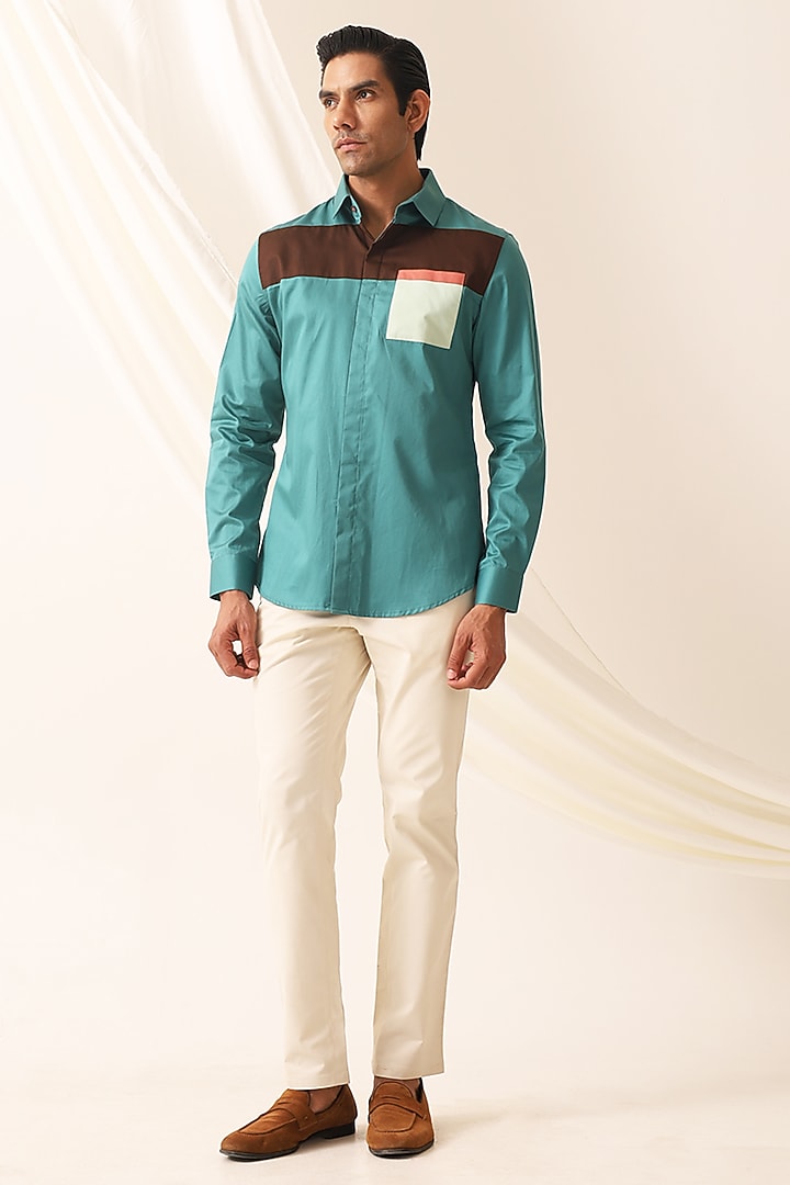 Ocean Green Cotton Color-Blocked Summer Shirt by SEVENDC MEN at Pernia's Pop Up Shop