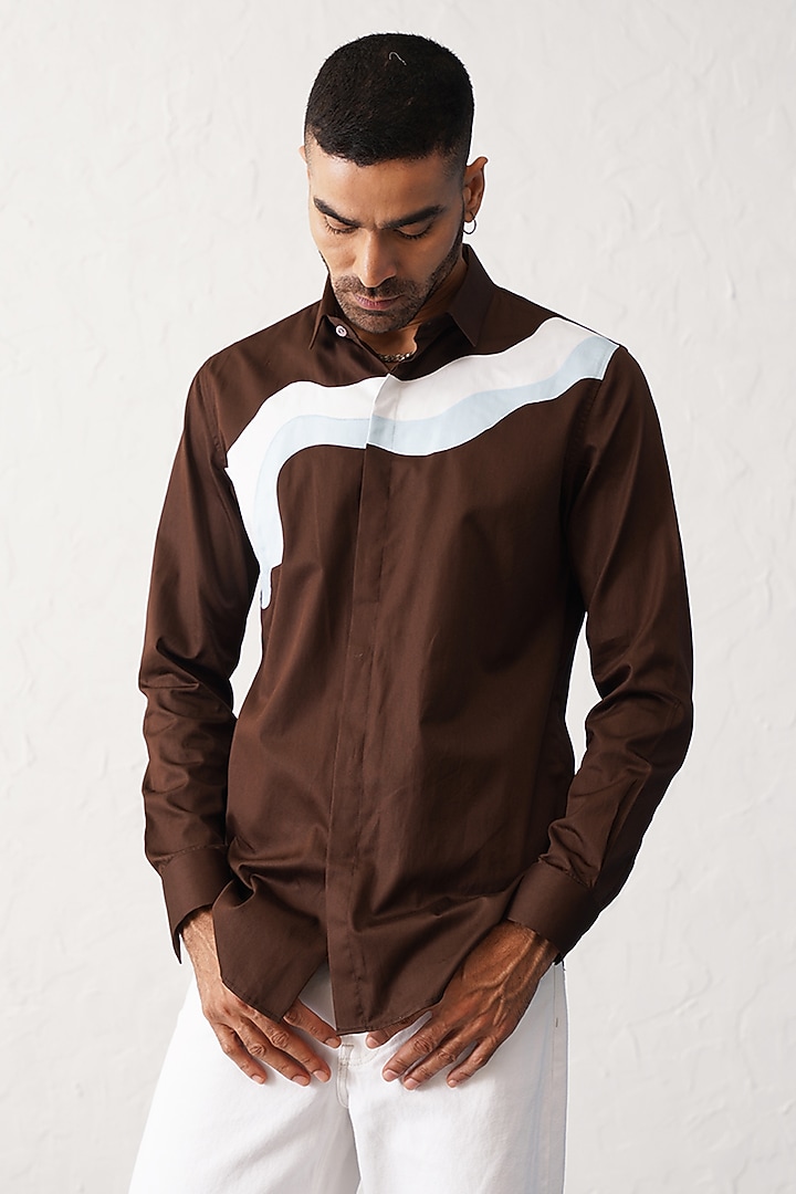 Brown Cotton Paneled Summer Shirt by SEVENDC MEN at Pernia's Pop Up Shop