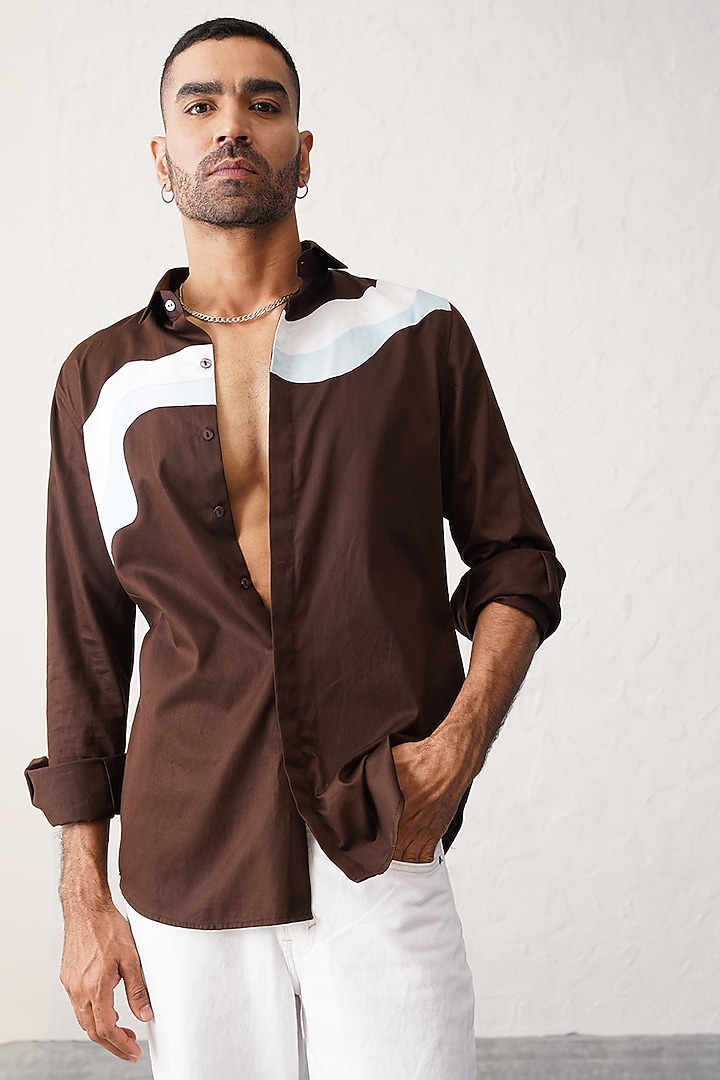 Brown Cotton Paneled Summer Shirt by SEVENDC MEN at Pernia's Pop Up Shop