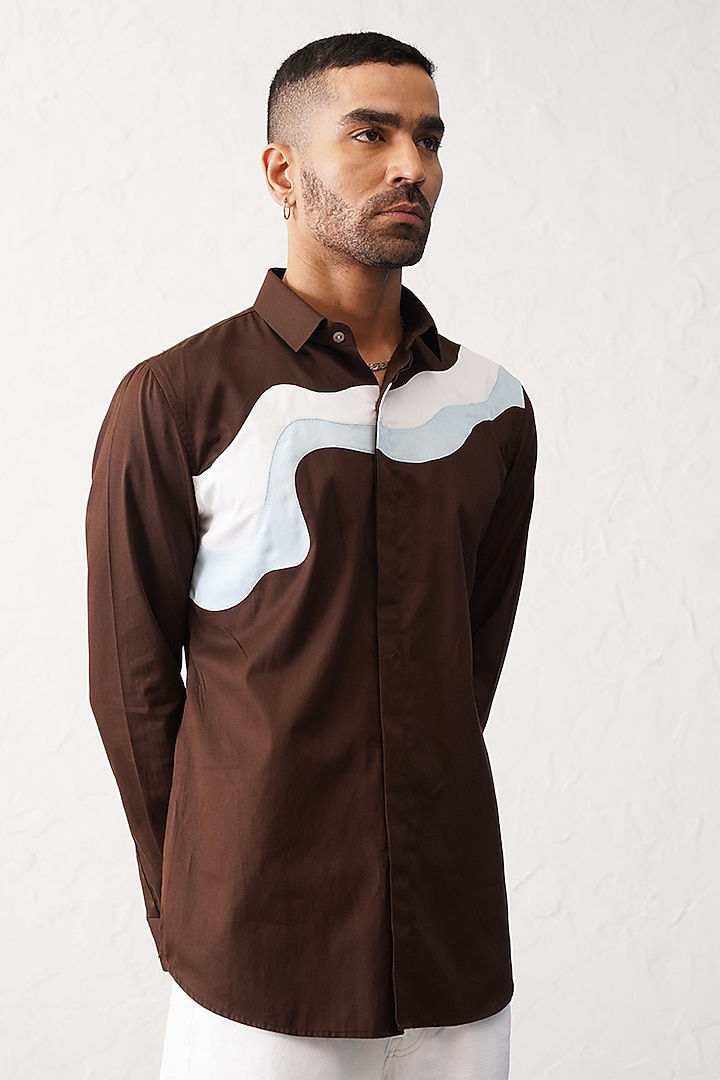 Brown Cotton Paneled Summer Shirt by SEVENDC MEN at Pernia's Pop Up Shop