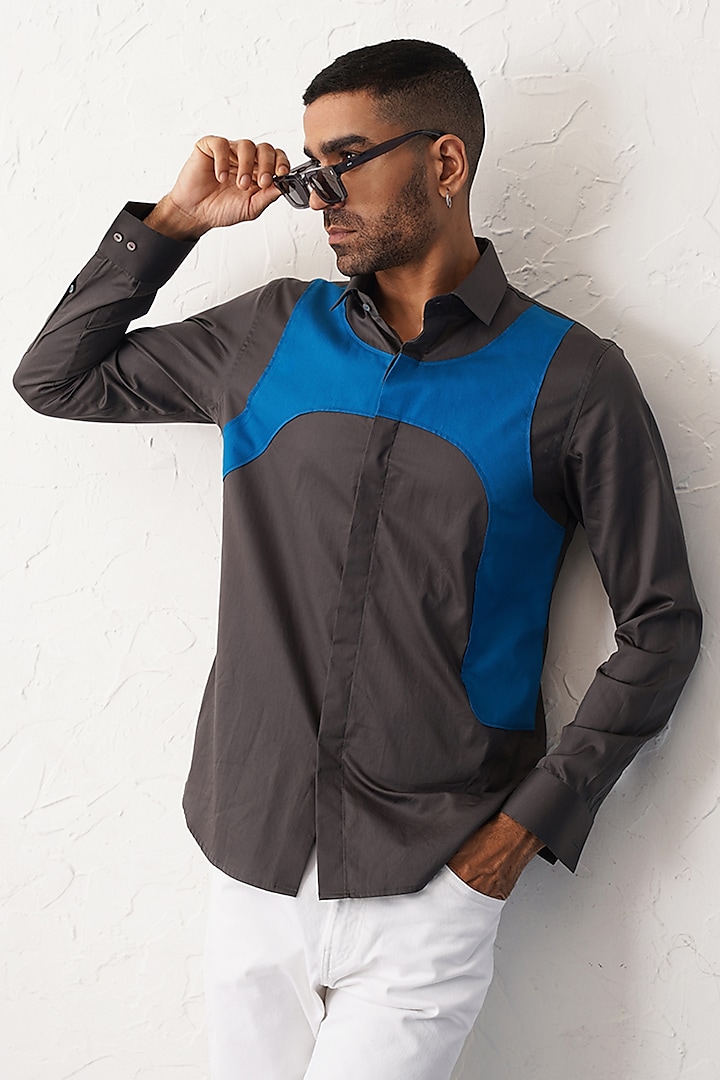 Grey Cotton Color-Blocked Shirt by SEVENDC MEN at Pernia's Pop Up Shop