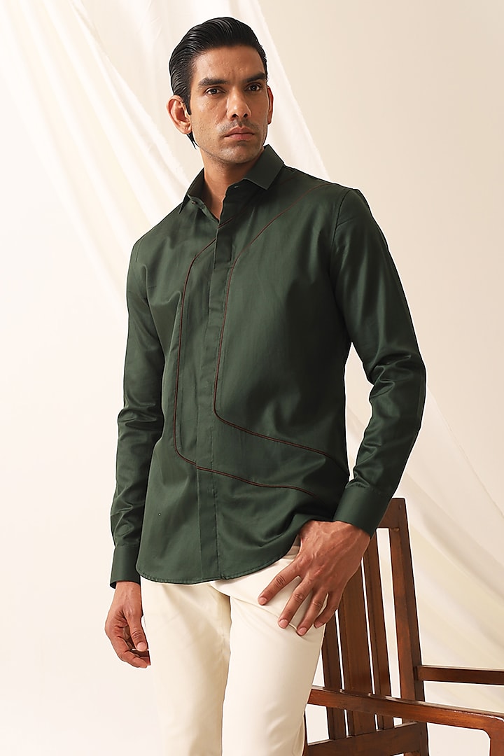 Dark Green Cotton Shirt by SEVENDC MEN