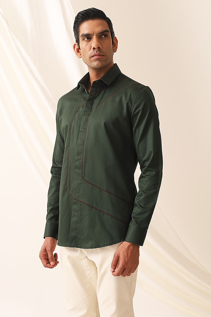 Dark Green Cotton Party Wear Shirt by SEVENDC MEN at Pernia's Pop Up Shop
