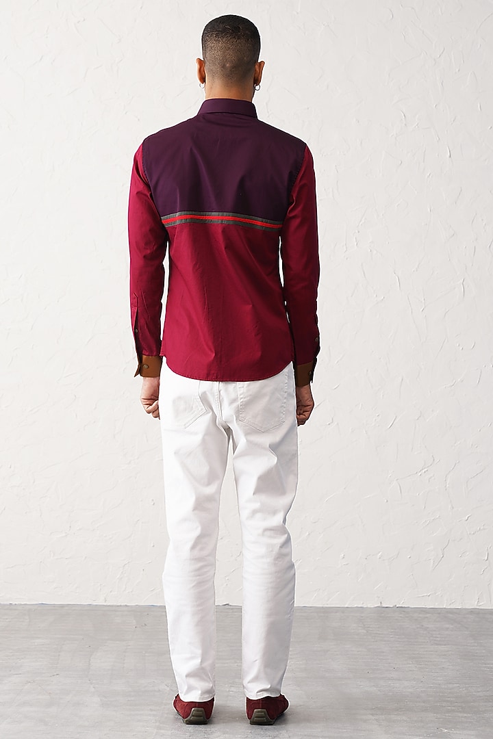 Crimson Red Cotton Color-Blocked Party Wear Shirt by SEVENDC MEN at Pernia's Pop Up Shop
