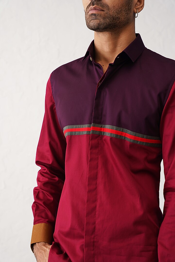 Crimson Red Cotton Color-Blocked Party Wear Shirt by SEVENDC MEN at Pernia's Pop Up Shop