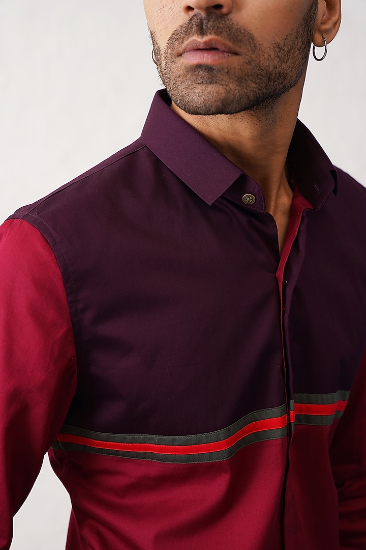 Crimson Red Cotton Color-Blocked Party Wear Shirt by SEVENDC MEN at Pernia's Pop Up Shop