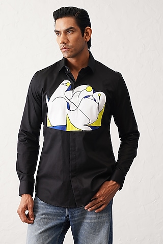 Black Cotton Graphic Shirt by SEVENDC MEN