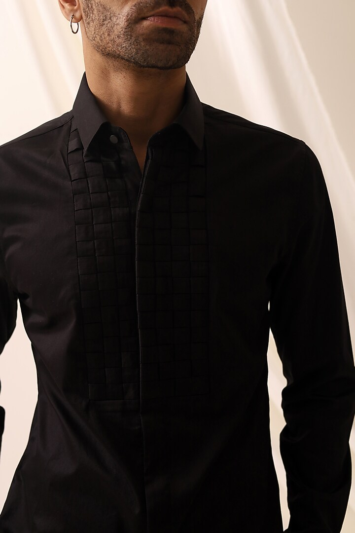 Black Cotton Textured Party Wear Shirt by SEVENDC MEN at Pernia's Pop Up Shop