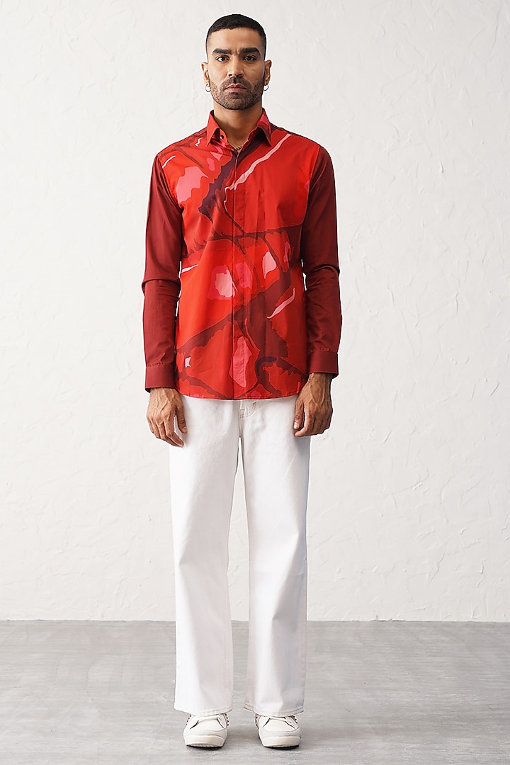 Deep Red Cotton Printed Party Wear Shirt by SEVENDC MEN at Pernia's Pop Up Shop