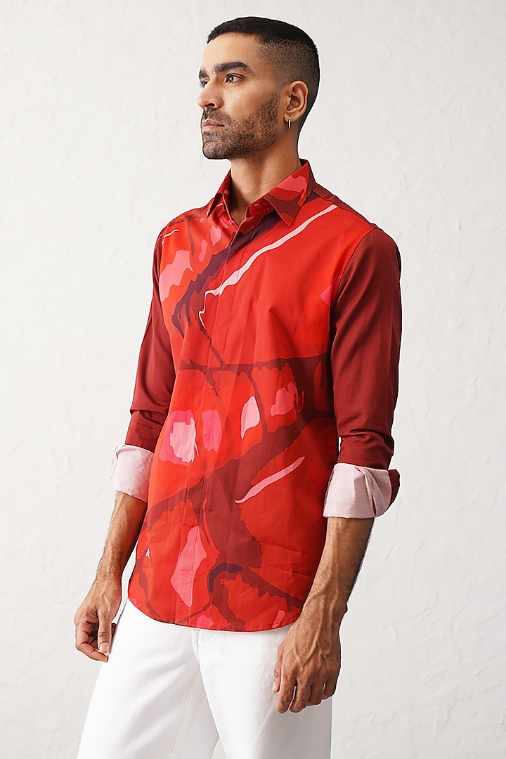 Deep Red Cotton Printed Shirt by SEVENDC MEN at Pernia's Pop Up Shop